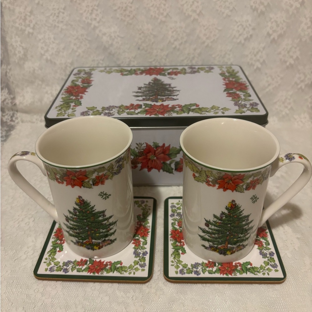 Spode Christmas Tree 5pc Set. Tin Box, 2 Mugs and 2 Coasters